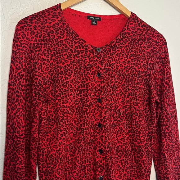 Ann Taylor Red Cheetah Animal Print Cardigan Sweater Silk Cashmere Medium Fall - Picture 2 of 8